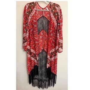 Xhilaration Red Floral Paisley Lace Fringe Kimono Wrap XL Womens Boho Cardigan